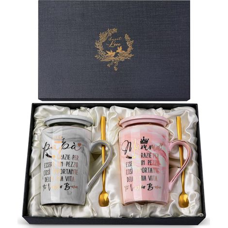 Tasse maman et papa, cadeau anniversaire ou Noël, 400 ml tasse à café en céramique marbre, imprimée avec motif doré, couvercle, cuillère, carte, boîte cadeau, cadeaux pour couples et parents (1/5)