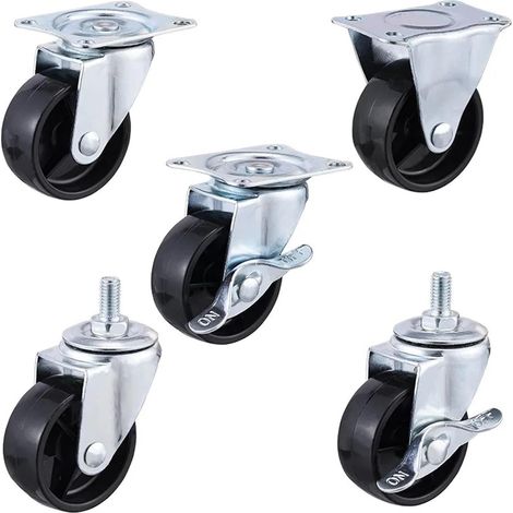 Lot de 8 roulettes universelles noires en polypropylène (PP) léger (50 mm / 1,97 po) avec tige filetée M12 et frein – Roulettes en plastique sans roulement (1/2)