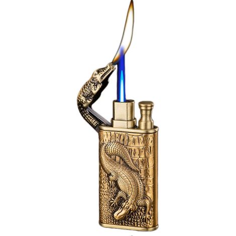 Briquet à double flamme Crocodile-Relief Magics, coupe-vent, rechargeable au butane, en métal, pour bougies de camping. Couleur : E (1/4)