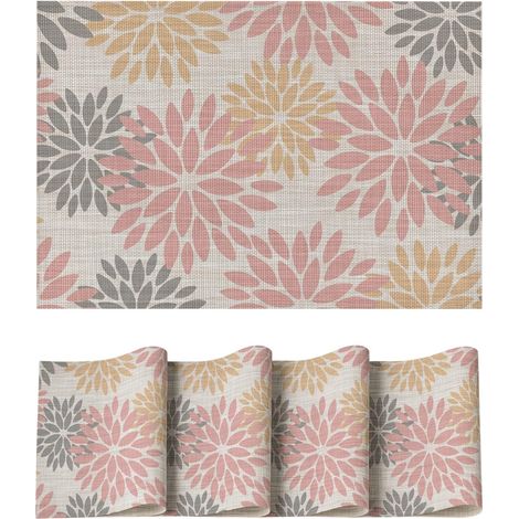 Lot de 4 sets de table PVC, motif dahlias roses, 30x45 cm, résistants aux taches et à la chaleur. (1/5)