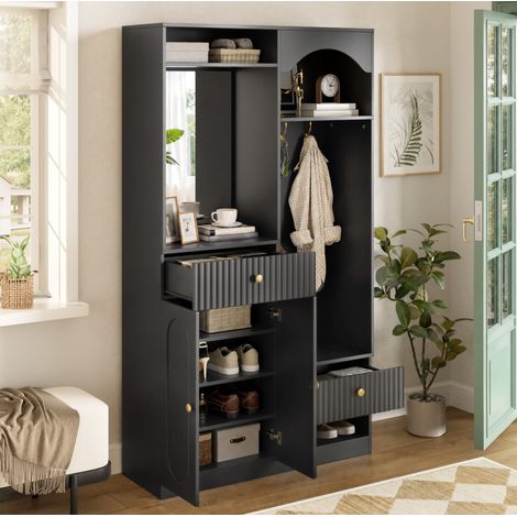 REDOM - Mobile da ingresso 100x35x180 cm, specchio a figura intera, panca, contenitore multifunzione, MDF nero (1/5)