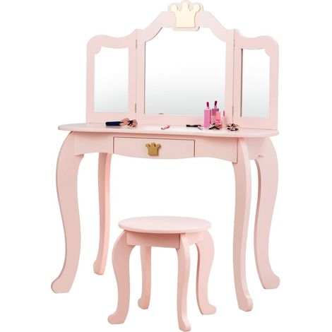COSTWAY Tocador con Taburete y Espejo para Niña de Madera Mesa de Maquillaje con Cajón 80x42x106 centímetros (Rosa) (1/6)