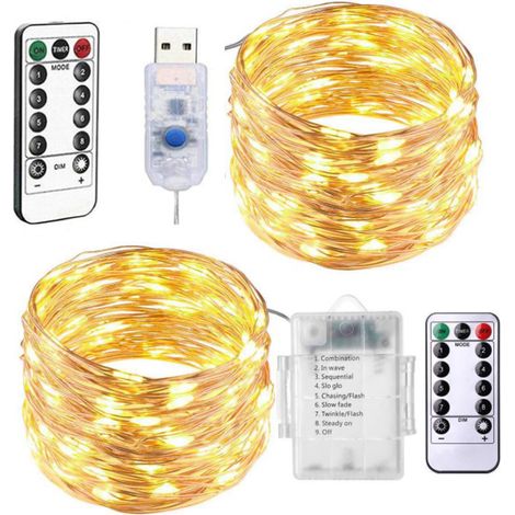 Deux guirlandes lumineuses LED, 5 mètres de long, 50 ampoules, 8 modes d'éclairage, avec télécommande.