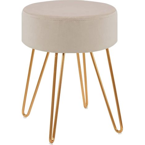Taburete de tela de terciopelo crema con patas de metal dorado 35x35x45 cm TABO09078 (1/4)