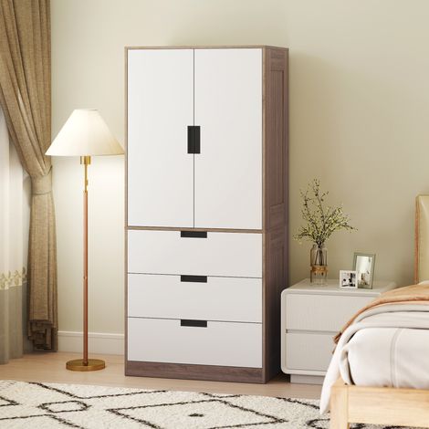 Armoire 2 Portes (Moderne)  3 Tiroirs + Tringle Suspension  Armoire Chambre à Coucher  Marron