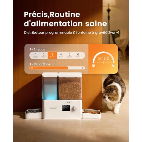 Distributeur de croquettes automatique avec fontaine à eau intégrée pour chat et chien, station de repas 2-en-1 programmable avec contrôle des portions