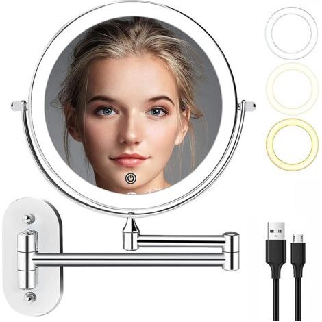 Miroir grossissant mural LED rechargeable 8 pouces – Grossissement 1x et 10x – 3 lumières colorées – Bras extensible rotatif 360°