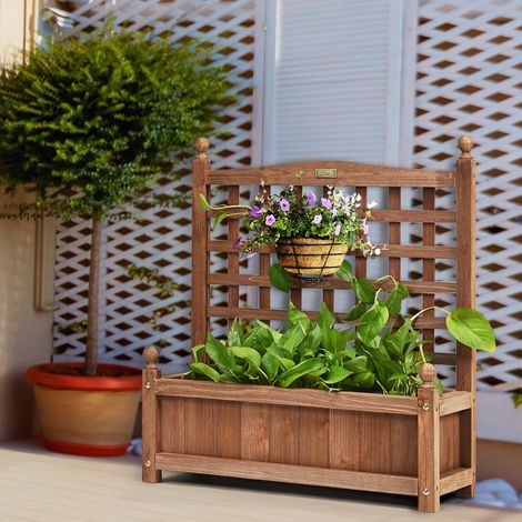 Jardinière avec treillis bois bac à fleurs rectangulaire pour jardin terrasse 64,5x28x75 cm CW16668 (1/2)