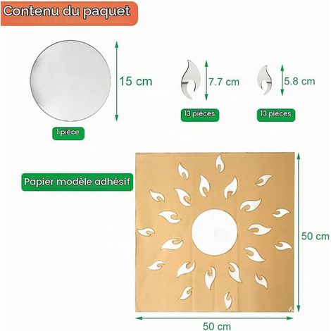 Miroir de Tournesol Stickers,Tournesol Autocollants Muraux Amovibles Acrylique Miroirs Stickers,Décoration Murale pour Salon, Chambre à Coucher, Argent (1/4)