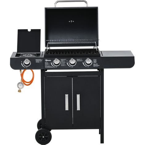 Gasgrill BBQ Grillwagen mit 3 Brennern und 1 Seitenbrenner, Druckminderer und Schläuche, multifunktional, Stahl Schwarz 110x50x100 cm