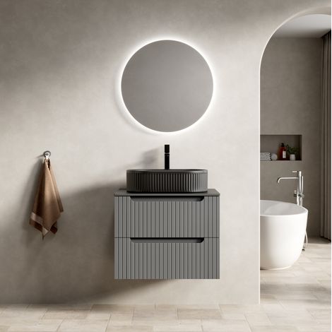 Mobile lavabo sospeso moderno 60 cm con lavabo ovale in ceramica nera, piano in pietra sinterizzata e 2 cassetti grigio scuro (1/5)