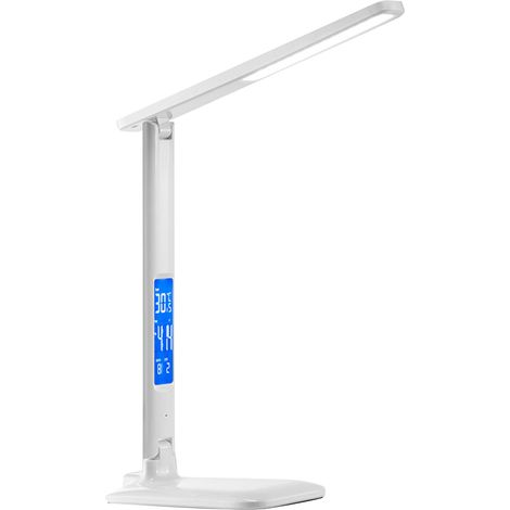 10-W-LED-Schreibtischlampe mit kabellosem Ladegerät, Wecker, Kalender und Thermometer, Weiß (1/5)
