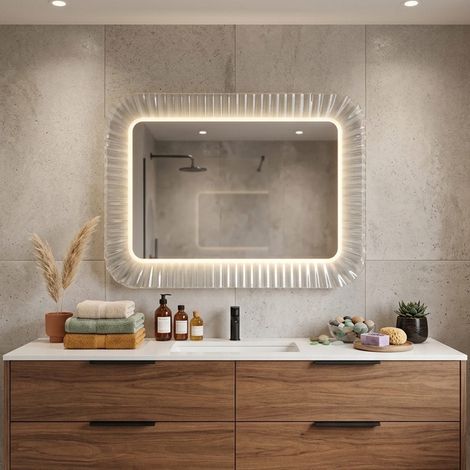 Specchio con cornice in vetro fuso bianco ondulato e luce led 94x68