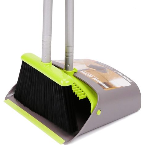 Balai et Pelle à Poussière avec Long Manche pour Bureau et Maison, Utilisation Verticale pour Le Nettoyage, Vert/Gris (1/5)
