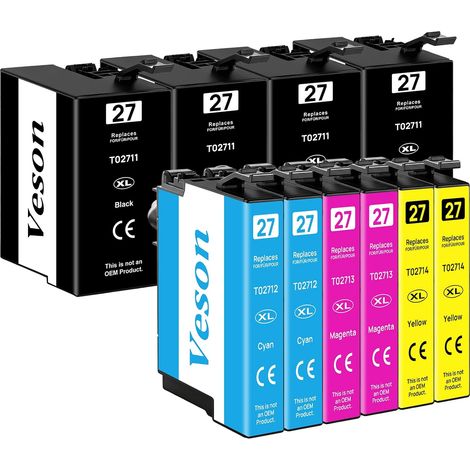 27XL Cartouches d'encre pour Epson 27XL compatibles avec Epson Workforce WF-7110 WF-7210 WF-7610 WF-7620 WF-7710 WF-7715 WF-7720 WF-3620 WF-3640 (4 Noires, 2 Cyan, 2 Magenta, 2 Jaune) (1/5)