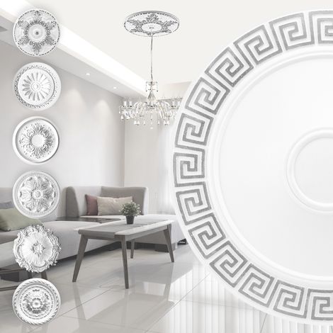 Rosace décorative en polystyrène argent – Ø 60cm – Pour embellissement intérieur – Peinture acrylique possible – Facile à installer – Marbet Design