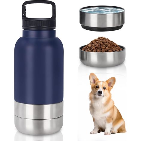 Gourde pour chien - Pour les déplacements - 1000 ml - Bouteille d'eau pour chien - En acier inoxydable - Avec gamelle d'eau et gamelle - Accessoire pour chien pour promenade - Sans BPA
