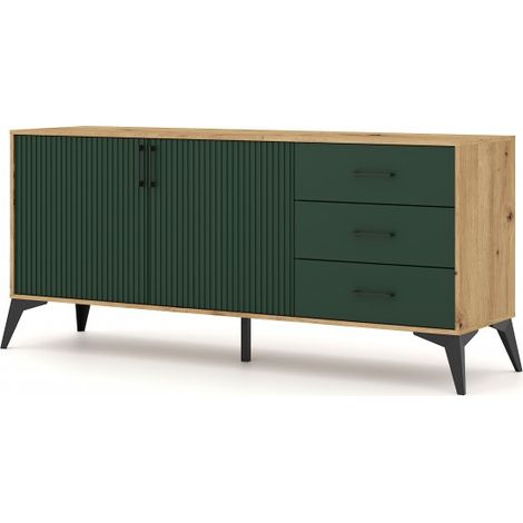Buffet à 2 portes et 3 tiroirs LUGO coloris chêne vert 164,5x42x78,4 cm (1/5)
