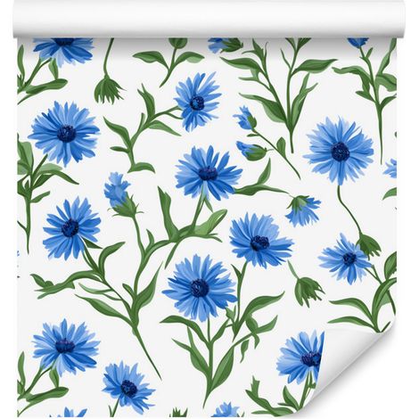 Papier peint Fleurs et Feuilles Blanc et Bleu Azur pour Salon et Chambre 50x1000 cm (1/5)