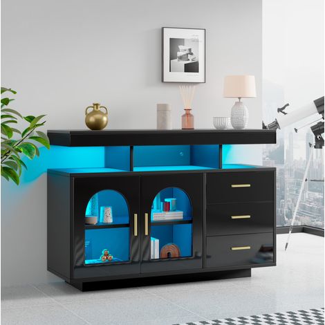 Credenza LED 120 x 40 x 80 cm, 3 cassetti, 2 ante, nero DESVIAE (1/5)