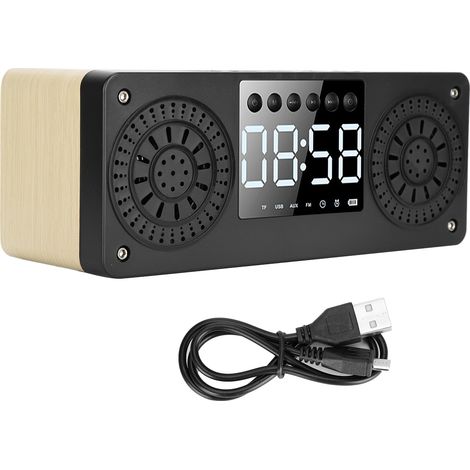 Réveil Bluetooth Mini Sans Fil, Enceinte Portable Extérieure avec Grave Puissante et Alimentation par Prise (Bois Jaune) (1/5)