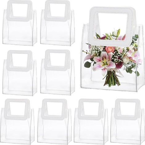Juego de 10 bolsitas de regalo pequeñas y transparentes de PVC con asas blancas, reutilizables para bodas, regalos, compras, fiestas, 18 x 10 x 20 cm.