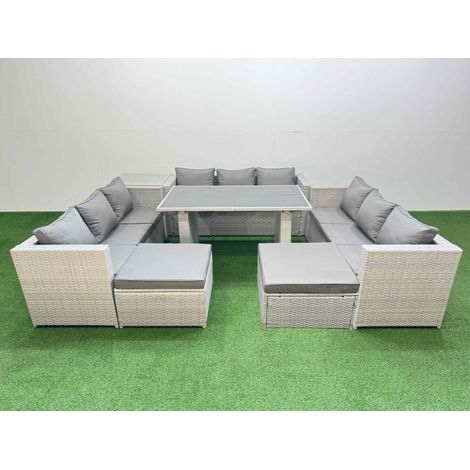 Fimous Patio Outdoor Garden Furniture Sets with Black Glass Top Dining Table 3 Seater Sofa Side Table 2 Big Stool Light Grey (1/4)