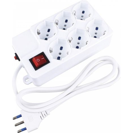 Multiprise 6 places MU-03, prise avec interrupteur, multi-prises protégées, 6 prises bipas ITA/Schuko, câble 1,5 mètres, blanc