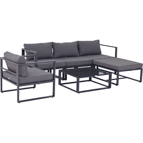Outsunny 6-tlg. Gartenset Gartengarnitur Gartensofaset Sitzgruppe Gartenmöbel Aluminium + Polyester + Hartglas Grau mit Kissen für 4–5 Personen (1/5)