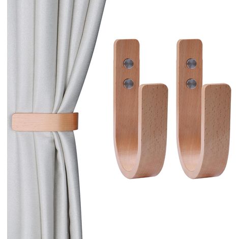 Lot de 2 embrasses de Rideaux en Bois en Forme de U - Fixation Murale pour Rideaux (Wood, 2) (1/5)