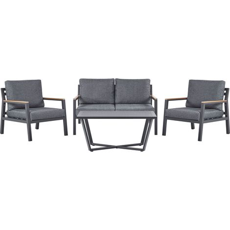 Salon de Terrasse ou Jardin Lounge Avec Table Basse Canapé et 2 Fauteuils en Aluminium avec Coussins Gris Foncé Matières Durables et Design Beliani