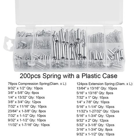 Kit de 200 ressorts de compression et d'extension en métal, assortiment de 20 tailles, avec boîte. (1/5)