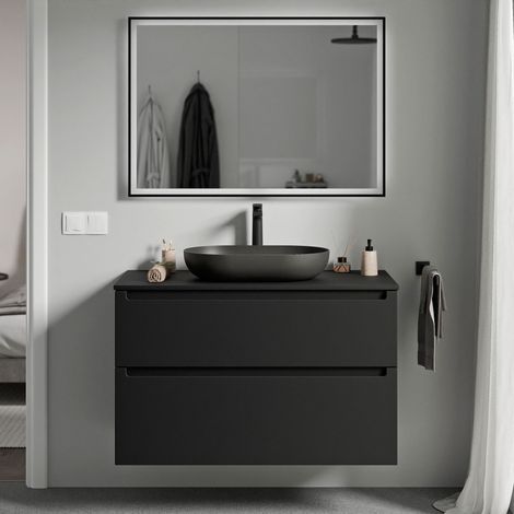 BERNSTEIN - Mobile lavabo sospeso MDF nero opaco, piano lavabo nero opaco, cassetti girevoli - 100x46x62cm - VIREO	Nero opaco, Nero opaco