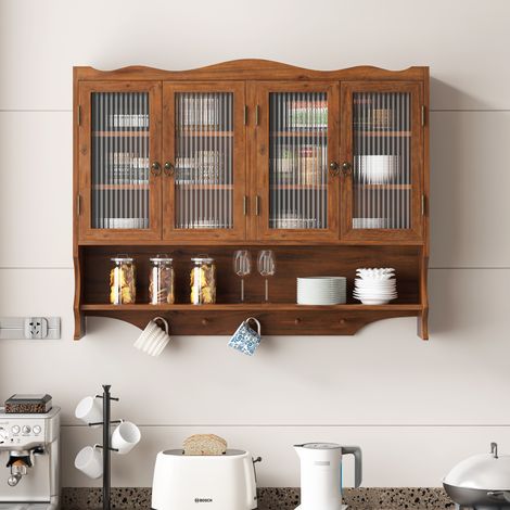 Wandregal 100x20x80 cm Braun aus Massivholz und Glas mit 4 Türen und Hakenleiste (1/5)