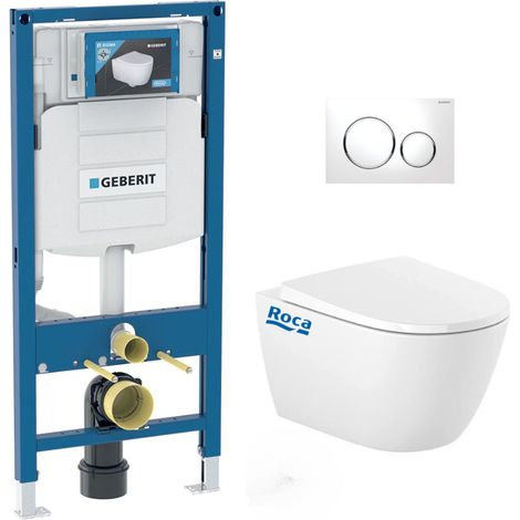 Pack WC suspendu Geberit Duofix UP320 – GEBONAC – cuvette Roca sans bride, abattant Soft Close, plaque de commande blanche (1/5)