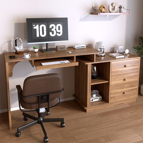Bureau multifonction extensible 110x40x75,5 cm avec tiroir clavier, 2 niches ouvertes et 3 tiroirs, MDF effet noyer (1/5)
