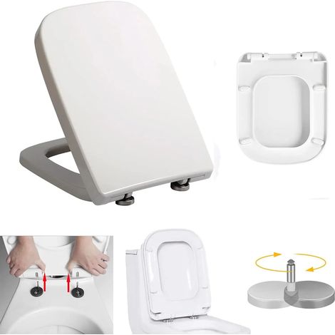 Abattant de WC carré à fermeture amortie avec système de démontage rapide, fixation simple par le haut, blanc, antibactérien, avec charnières en acier inoxydable réglables à 360°, robuste et de forme  (1/5)