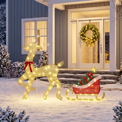Renne et Traîneau Lumineux Noël Extérieur, 95 LED Blanc Chaud, 8 Modes, Minuterie Quotidienne (1/5)