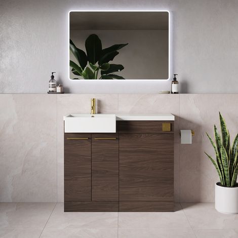 Napoli 250 Brown Oak 1000mm 2 Door Vanity Unit Toilet Suite with Left Hand Square Rico Semi Recessed Basin - 1000mm - Brushed Brass 160mm HandleWithout Kingston Toilet Pan