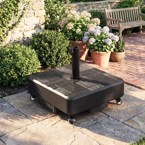 Pied de parasol Carré. socle parasol extérieur avec roues Remplissable 35 kg Sable ou 28 L Eau. 48 x 48 x 38.5 cm. Noir