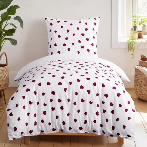Parure de lit 2 pièces 135 x 200 cm avec housse de couette et taie d'oreiller 80 x 80 cm - En microfibre - Pour filles - Blanc et rouge - Motif cœurs - Doux (1/5)