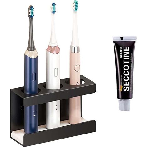 Porte-brosse à dents électrique en métal, sans perçage, noir, avec 3 emplacements pour brosses à dents et une base en terre de diatomées. (1/5)