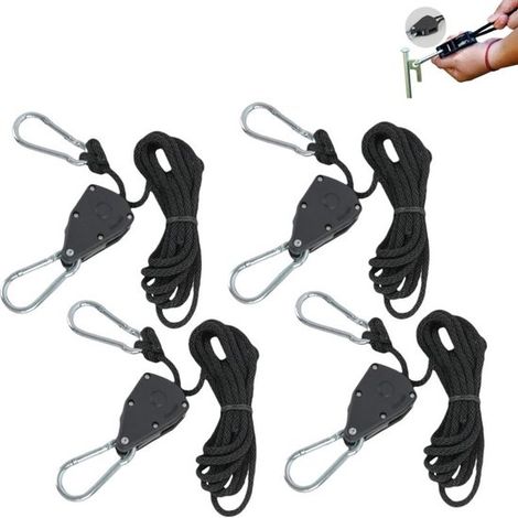 4-teiliges Set verstellbarer Zeltseilspanner mit Haken – Seilspanner für Zimmerpflanzen und Pflanzenlampen – Schwarz – 2 m (1/5)