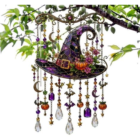 Carillon éolien colibri pour l'extérieur, capteur solaire colibri fantôme en acrylique 2D, décoration de jardin citrouille d'Halloween pour cour, patio, arbre et porche D (1/5)