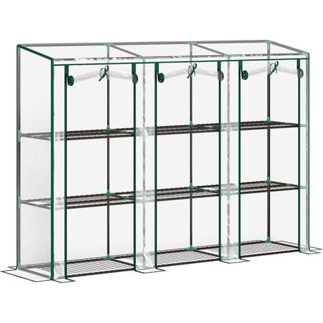 Serre d'extérieur avec étagères à 3 niveaux, portes zippées et structure en acier, 215 x 46 x 151 cm, transparente (1/5)