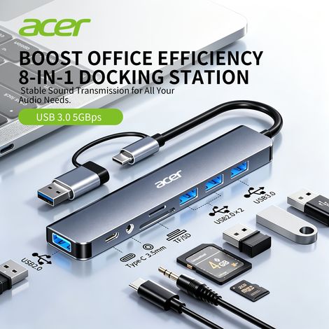 Acer 8-In-2 Multi-Function Hub, USB And TYPE-C Ports, Featuring USB 3.0 And USB-C And SD/TF And 3.5Mm Audio. A Versatile Docking Station That Supports Seamless Multi-Port Collaboration, Suitable for S (1/5)