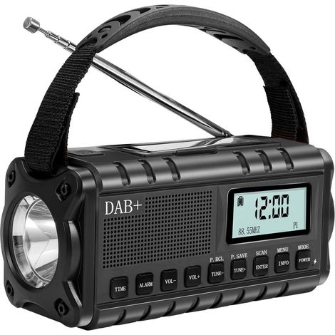Radio d'urgence DAB+/FM avec manivelle/alimentation par batterie/solaire/USB, noire