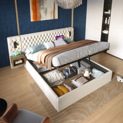 Letto Matrimoniale 160x200 cm con Contenitore, 2 Comodini, 2 Luci da Lettura e USB, Velluto Beige, Senza Materasso (1/5)