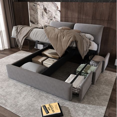 Cama tapizada 140/200 cm gris de terciopelo con almacenaje hidráulico y 3 cajones (1/5)
