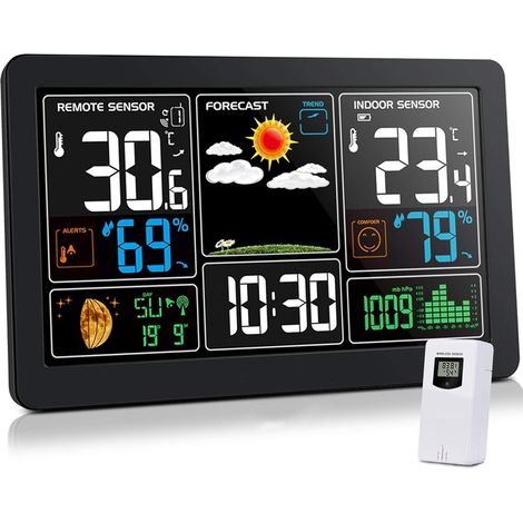 Station météo Baromètre de réveil numérique sans fil 9-en-1 avec 1 capteur extérieur blanc, moniteur de prévisions météorologiques de température et d'humidité, station météo de cour de jardin